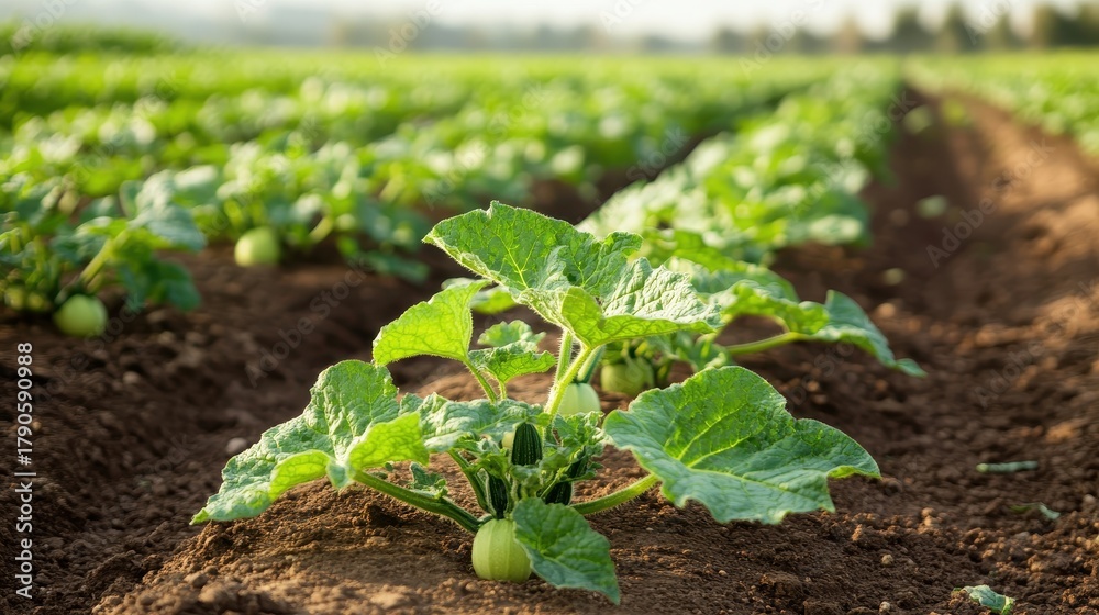 Obraz premium Zucchini plants flourishing in a vibrant organic vegetable field
