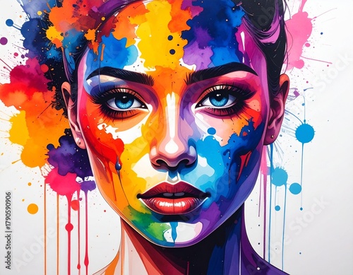 Abstract watercolor portrait of a human face in vibrant colorful splashes