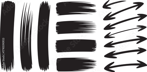 Black brush strokes and arrows graphic elements paint