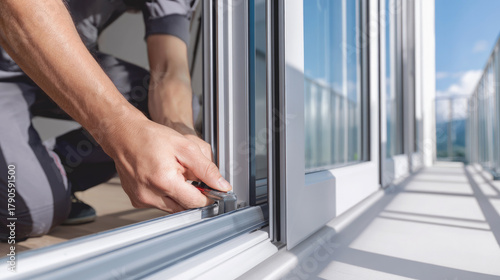 Close-up of worker installing or repairing sliding glass door on balcony, using hand tools under bright daylight, illustrating home improvement and professional maintenance. Insulating windows