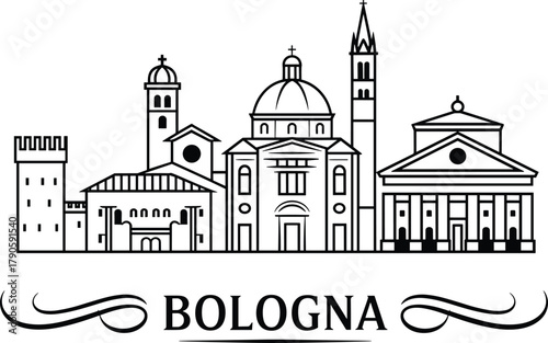 Bologna skyline illustration with domes, towers, arches, and classical architecture in black line style and decorative city name