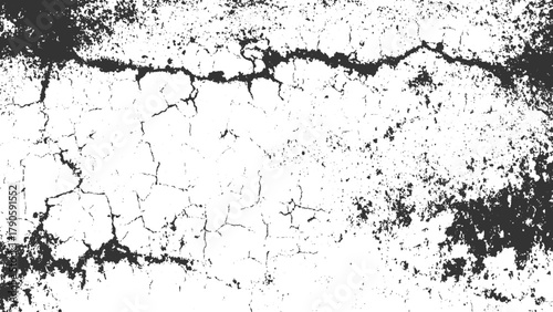 Black cracked texture on white background with granular details grunge