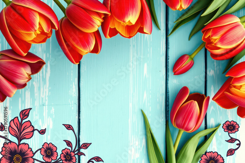 Vibrant Tulips on Wooden Surface