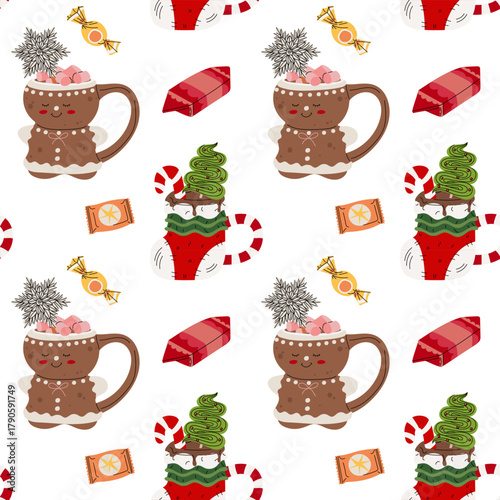 Christmas pattern with cute gingerbread man mugs, gift sacks filled with hot cocoa and surrounded by various marshmallows and candies. Perfect for seasonal packaging, fabrics, decorative backgrounds