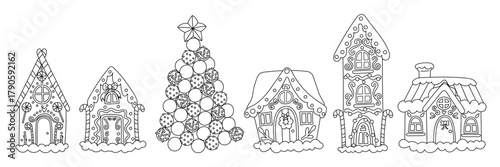 set of various gingerbread houses, Christmas tree made of sweets. Doodle black lines with baked goods. Festive winter treats for coloring, festive decoration elements. Sweets for Christmas, New Year