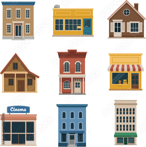 Building illustration grid with residential houses, storefronts, cinema, high-rise, and public architecture in colorful urban design style