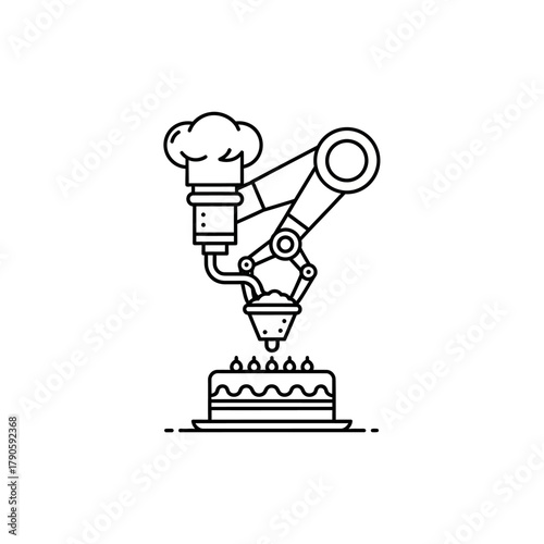 Futuristic robotic arm with a chefs hat precisely piping frosting onto a layered cake, minimalist line art.