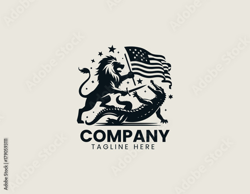 Lion and crocodile fighting with flag and stars black vector logo illustration