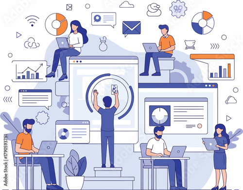 Illustration depicting higher education, research, and academic collaboration with books, graduation caps, and technology icons. Suitable for university, research, and education projects.