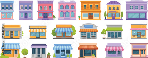Cartoon storefront grid featuring diverse architecture, colorful facades, small business shops, urban retail buildings, and playful commercial design elements