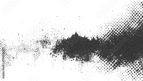 Black ink splatter and halftone dots on white background abstract texture vector