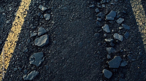 Fototapeta Naklejka Na Ścianę i Meble -  A cracked dark asphalt surface with a faded yellow line and small debris