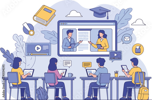 Flat vector of students attending virtual lessons via video conference