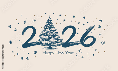 New Year 2026 card, postcard, hand drawn illustration.	

