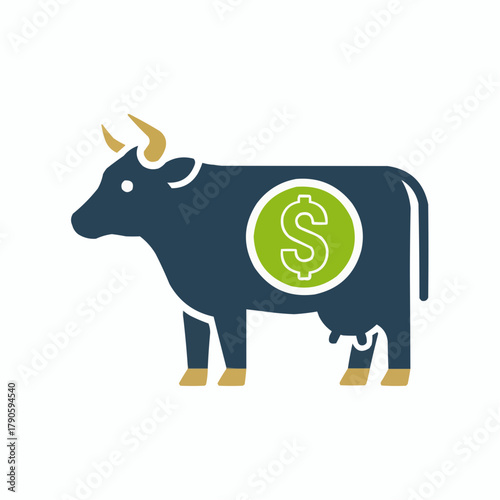 Dollar cow illustration, a financial concept for investors, money making, and agriculture farming. This graphic shows currency value on livestock