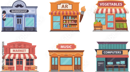 Cartoon storefront set with barbershop, art store, vegetable shop, market, music store, and computer shop in colorful style
