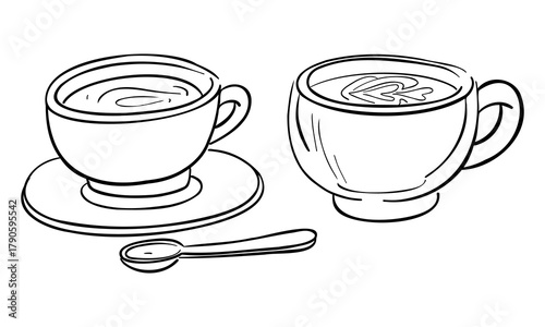 Hand-drawn linear art illustration of a set of cups for hot tea or coffee with a saucer and a spoon. Doodle illustration. Perfect for cafe menus, blog graphics, kitchen design, and icon sets