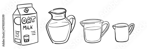 set of hand-drawn graphic illustrations consists of a package of oat milk and various beverage jugs. Perfect for vegan menus, food packaging, culinary blogs, and non-dairy iconography.