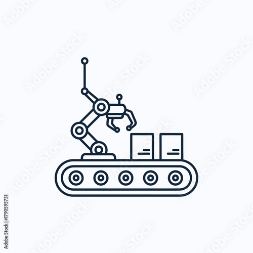 Industrial robotic arm with a claw gripper moving boxes on an automated factory conveyor belt line icon.