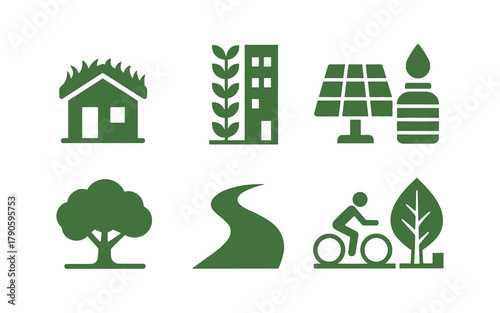 Eco-friendly icons for sustainable living: solar panels, trees, and green buildings