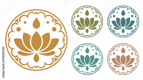 Elegant Lotus Flower Medallion Designs in Multiple Color Variations for Spa and Wellness Concepts