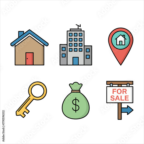 Real estate icons house, building, location, key, money bag, and for sale sign representing property business and investment opportunities