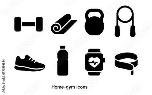Silhouette icons of home gym equipment: fitness essentials for your workout space