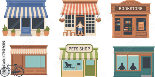 Cartoon storefront set with bookstore, pet shop, flower shop, bicycle, striped awnings, and community business illustration in urban style