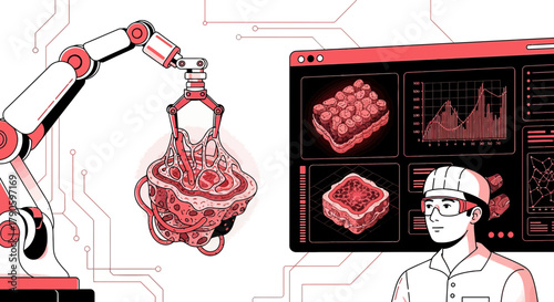 Conceptual illustration of cultivated meat production and scientific analysis in a laboratory