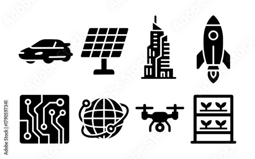 Futuristic technology icons: clean energy, space exploration, urban innovation