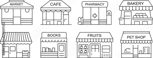 Cartoon storefront set with market, cafe, pharmacy, bakery, bookstore, fruit shop, pet shop, and unlabeled retail design