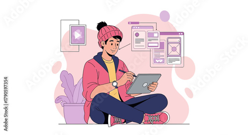 Creative designer working on a tablet while sitting cross-legged in a relaxed pose indoors