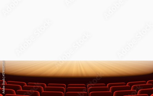 Cinema stage with seats for spectators and a white screen. Vector illustration