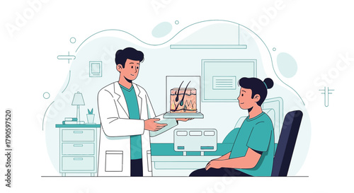 Dermatologist explaining hair structure to a patient in a clinic setting featuring medical care