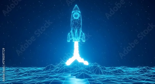 Fototapeta Naklejka Na Ścianę i Meble -  Illustration of a glowing blue digital rocket ship launching from a futuristic landscape with a bright white light trail against a dark starry background
