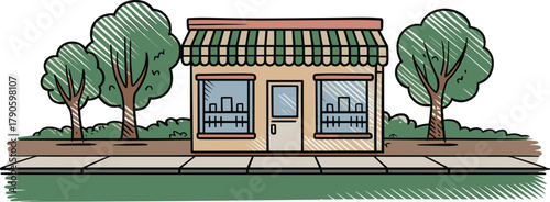 Cartoon storefront with striped awning, display windows, tree backdrop, sidewalk, and inviting neighborhood shop in colorful urban illustration