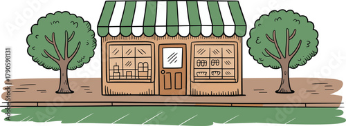 Cartoon storefront with striped awning, display windows, trees, sidewalk, and cozy neighborhood shop design in colorful urban illustration