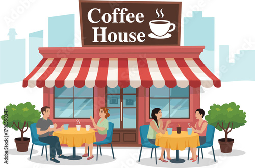 Coffee shop illustration with striped awning, outdoor seating, steaming cup sign, potted plants, and people enjoying conversation