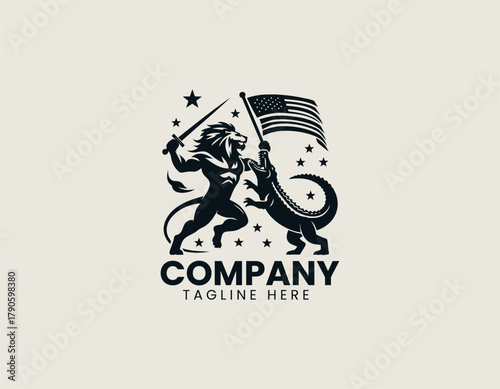 Lion and crocodile fighting with flag and stars black vector logo illustration