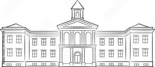 Classical government building line illustration with columns, pediment, cupola, symmetrical wings, and arched entrance in black vector style