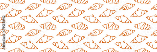 Pattern of different sketchy croissant. Croissant pattern with crayon texture. Bakery pattern for menus or packaging.