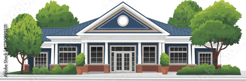 Community building illustration with columns, gabled roof, circular window, landscaping, symmetrical design, and institutional architecture in vibrant style
