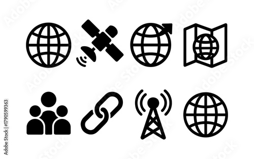 Set of global communication and networking icons in black silhouette style