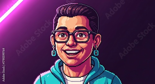 Vibrant Pixel Art Portrait of a Smiling Man with Glasses in a Blue Hoodie against a Purple.