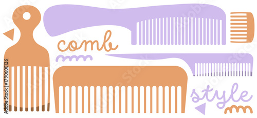 vector set of pink and orange hair combs and afro picks isolated on transparent background 