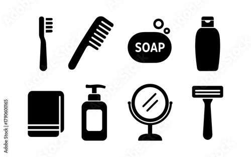 Bathroom essentials silhouette: toothbrush, comb, soap, shampoo, towel, lotion, mirror, razor