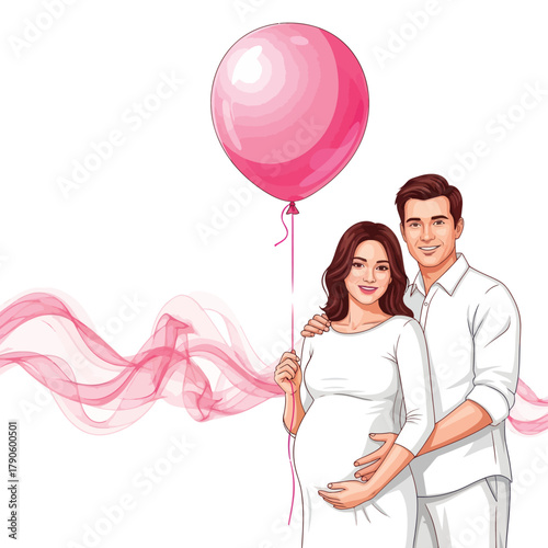 Joyful expectant parents celebrate new life together, holding a pink balloon with soft pink waves symbolizing love and anticipation