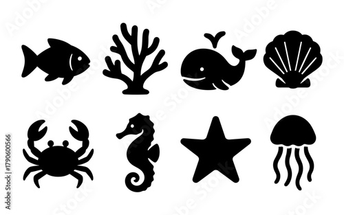 Silhouette icons of marine life with fish, coral, whale, and seashells