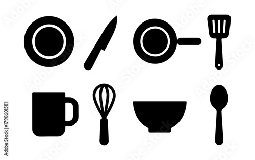 Black silhouette icons of kitchen utensils and tableware set