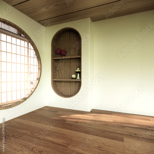 Concept Empty room and wood floor with shelf wall background 3D illustration rendering